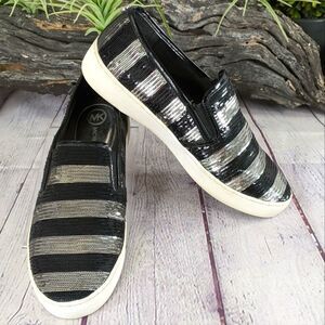 MICHAEL KORS Keaton Striped Sequin Slip-On, Black/Silvertone